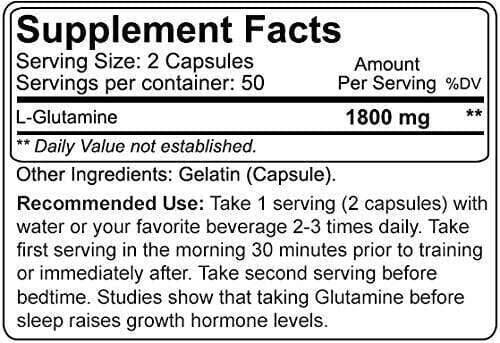 A close-up of a supplement facts label showing L-Glutamine 1800 mg, with serving size 2 capsules and recommended use instructions.
