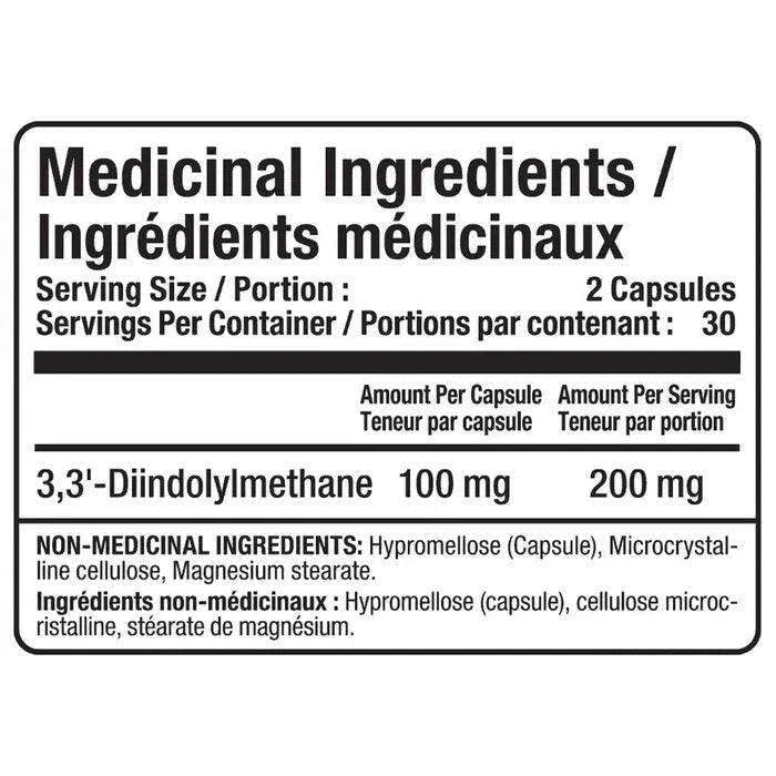 A black and white Medicinal Ingredients / Éléments médicinaux label showing serving size 2 capsules, 30 servings per container, and active ingredient 3,3'-Diindolylmethane 100 mg / 200 mg.
