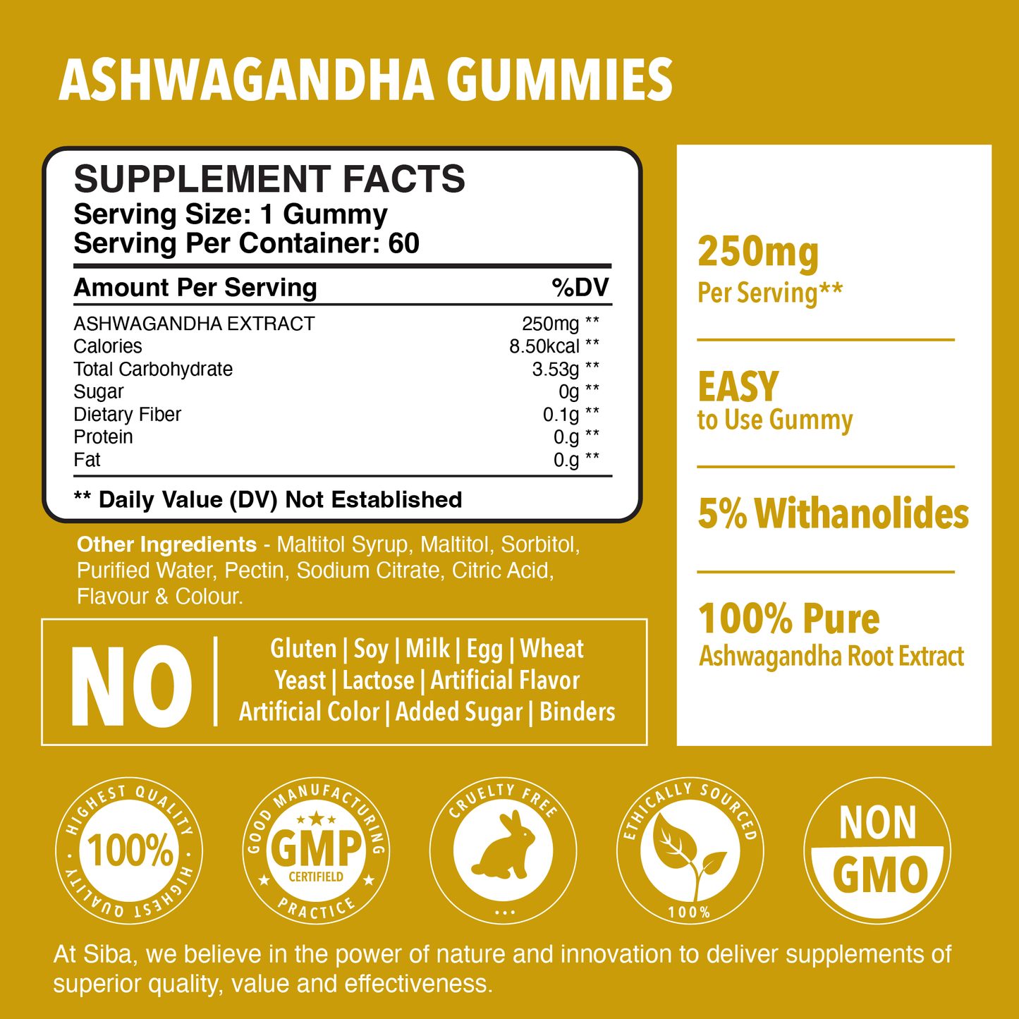 Supplement facts label for Ashwagandha gummies on a yellow background