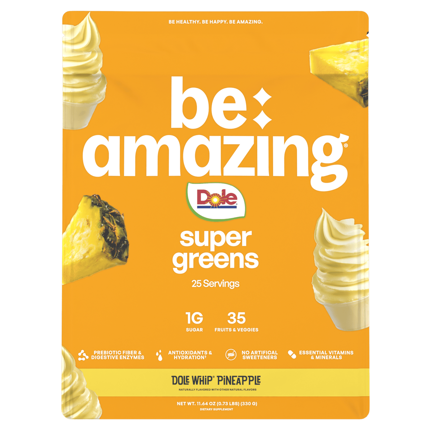 Dole Whip Pineapple super greens package with 'be amazing' text on an orange background