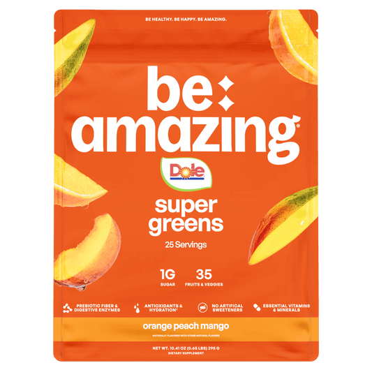 Dole super greens package with orange peach mango flavor on an orange background