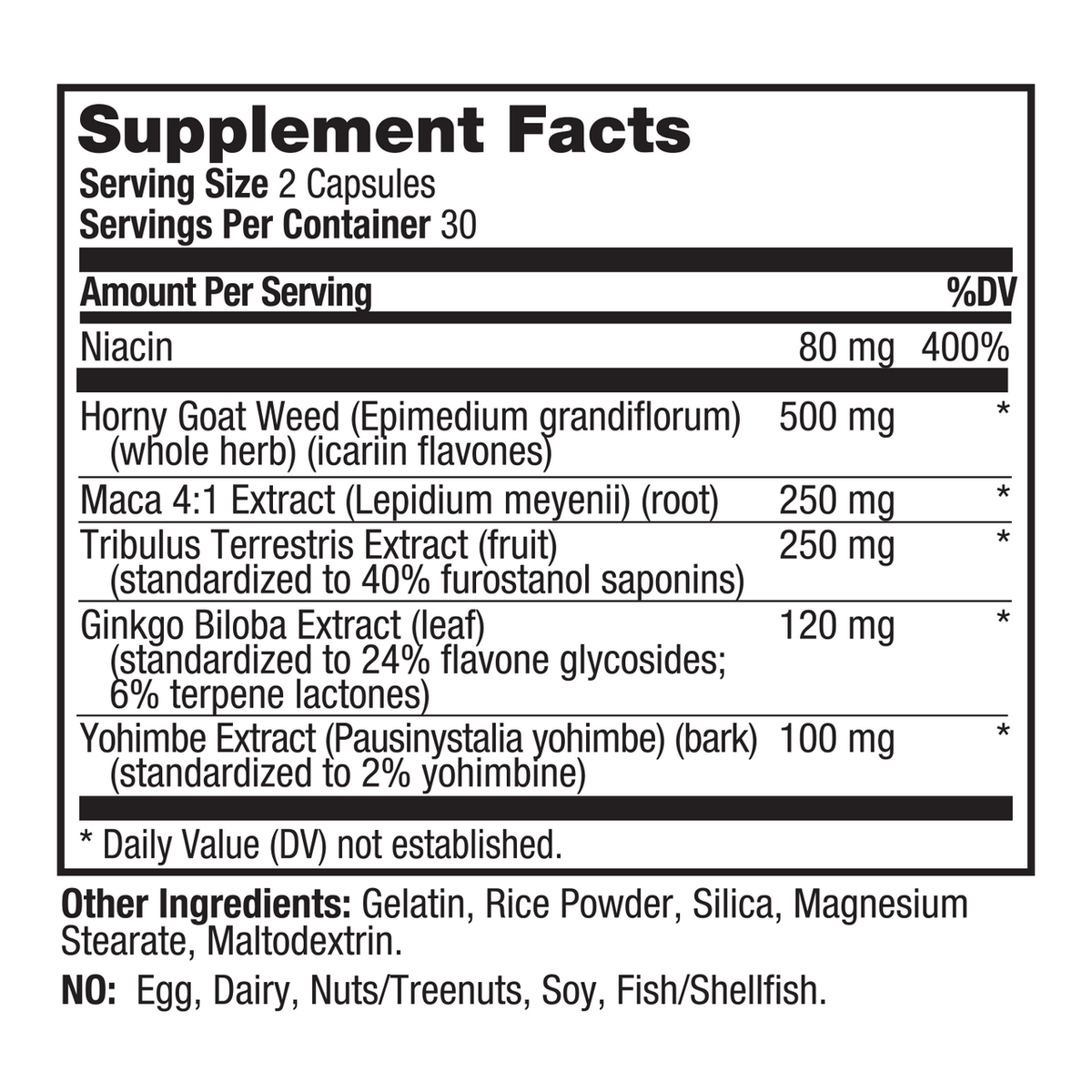 A black and white Supplement Facts label showing ingredients and serving information for a dietary supplement, including Niacin, Horny Goat Weed, Maca 4:1 Extract, Tribulus Terrestris Extract, Ginkgo Biloba Extract, and Yohimbe Extract.