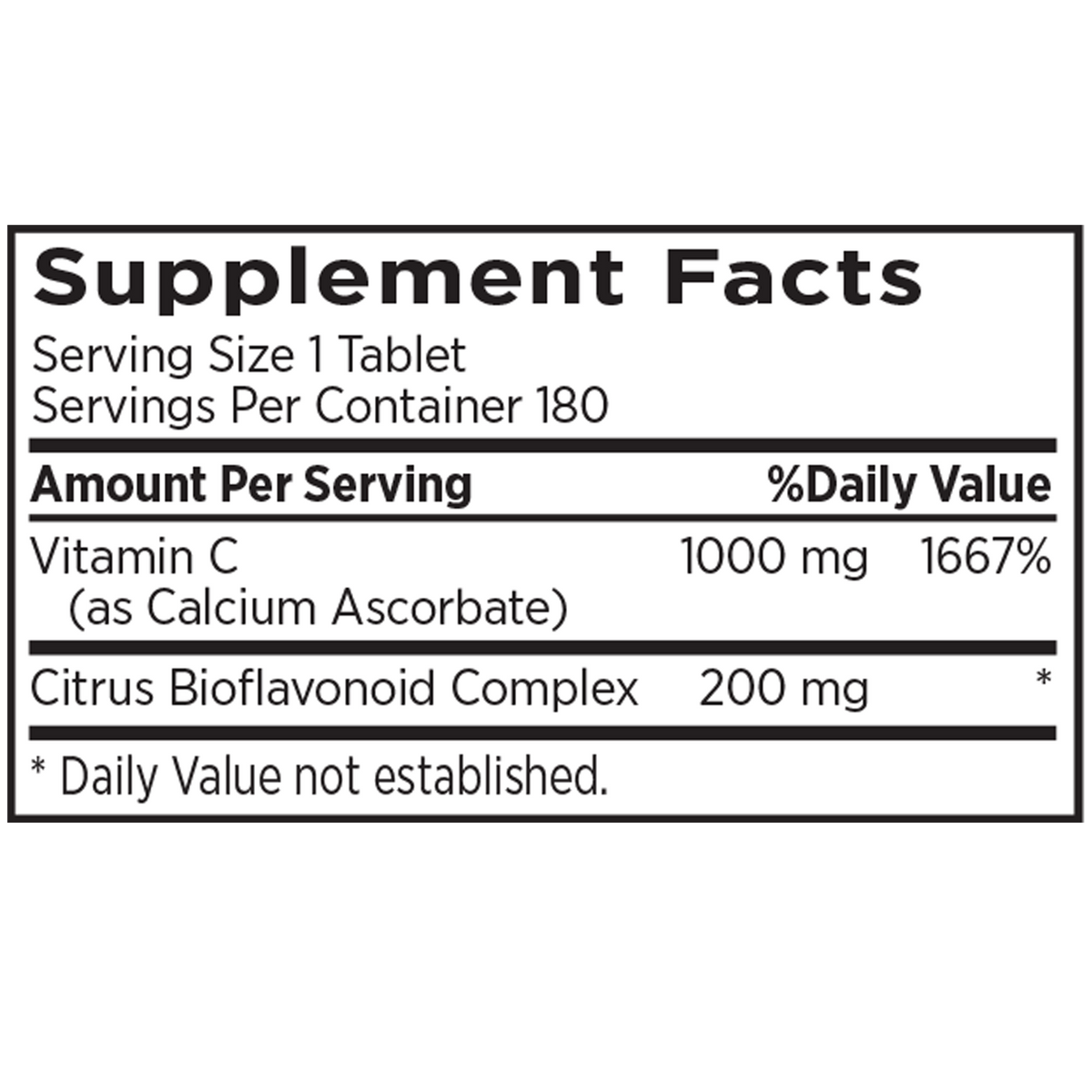 A black and white Supplement Facts label showing Vitamin C at 1000 mg (1667% Daily Value) and Citrus Bioflavonoid Complex at 200 mg.