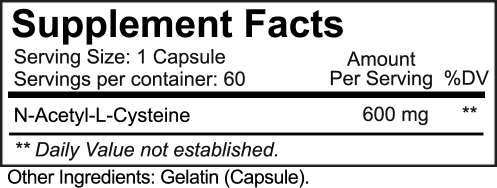A close-up of a supplement facts label showing N-Acetyl-L-Cysteine 600 mg, with serving size 1 capsule and 60 servings per container, on a dark green background.