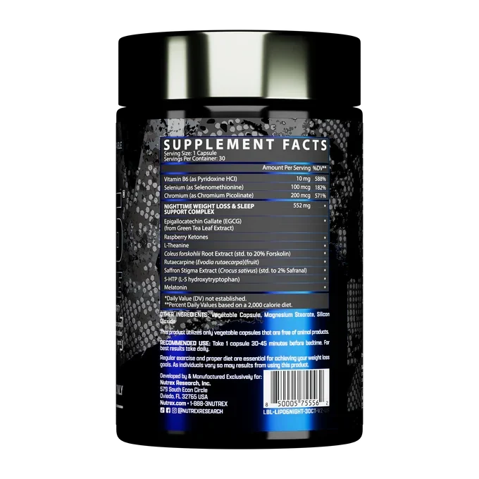 A black supplement bottle shown from the back, displaying the Supplement Facts label with text details, a barcode, and a blue brand banner at the bottom.