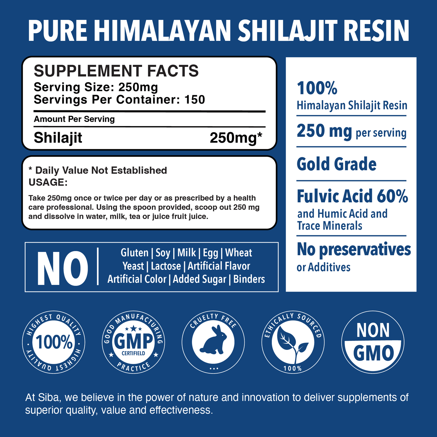 Label for Pure Himalayan Shilajit Resin supplement on a blue background