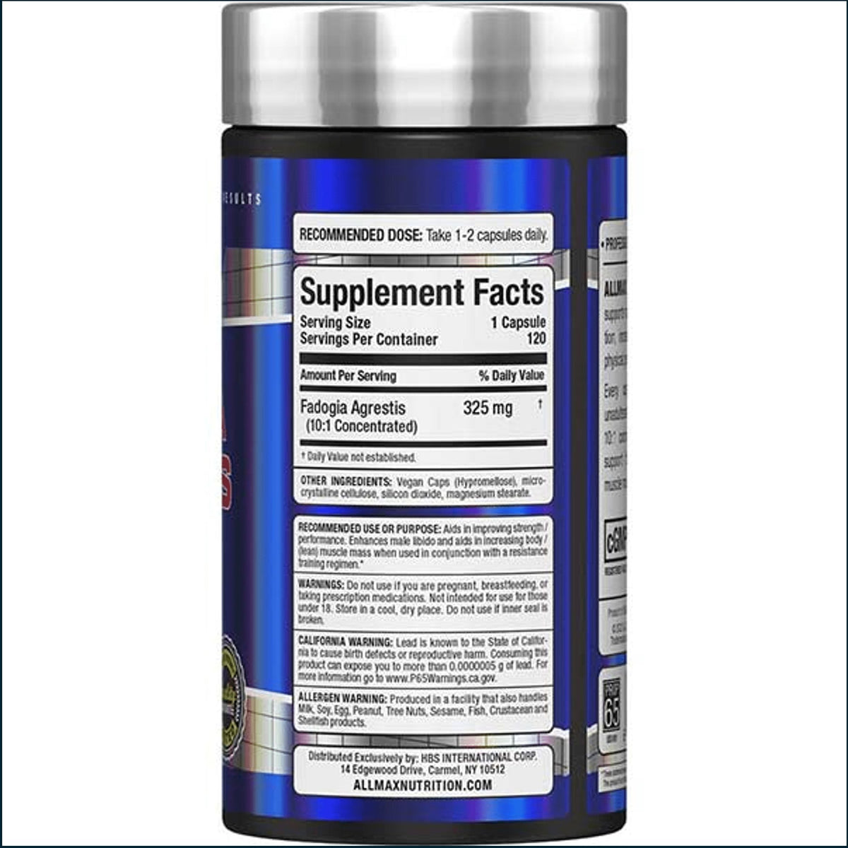 A black plastic bottle of All-In-One Nutrition Fadogia Agrestis dietary supplement with a blue and silver label, showing the Supplement Facts panel.