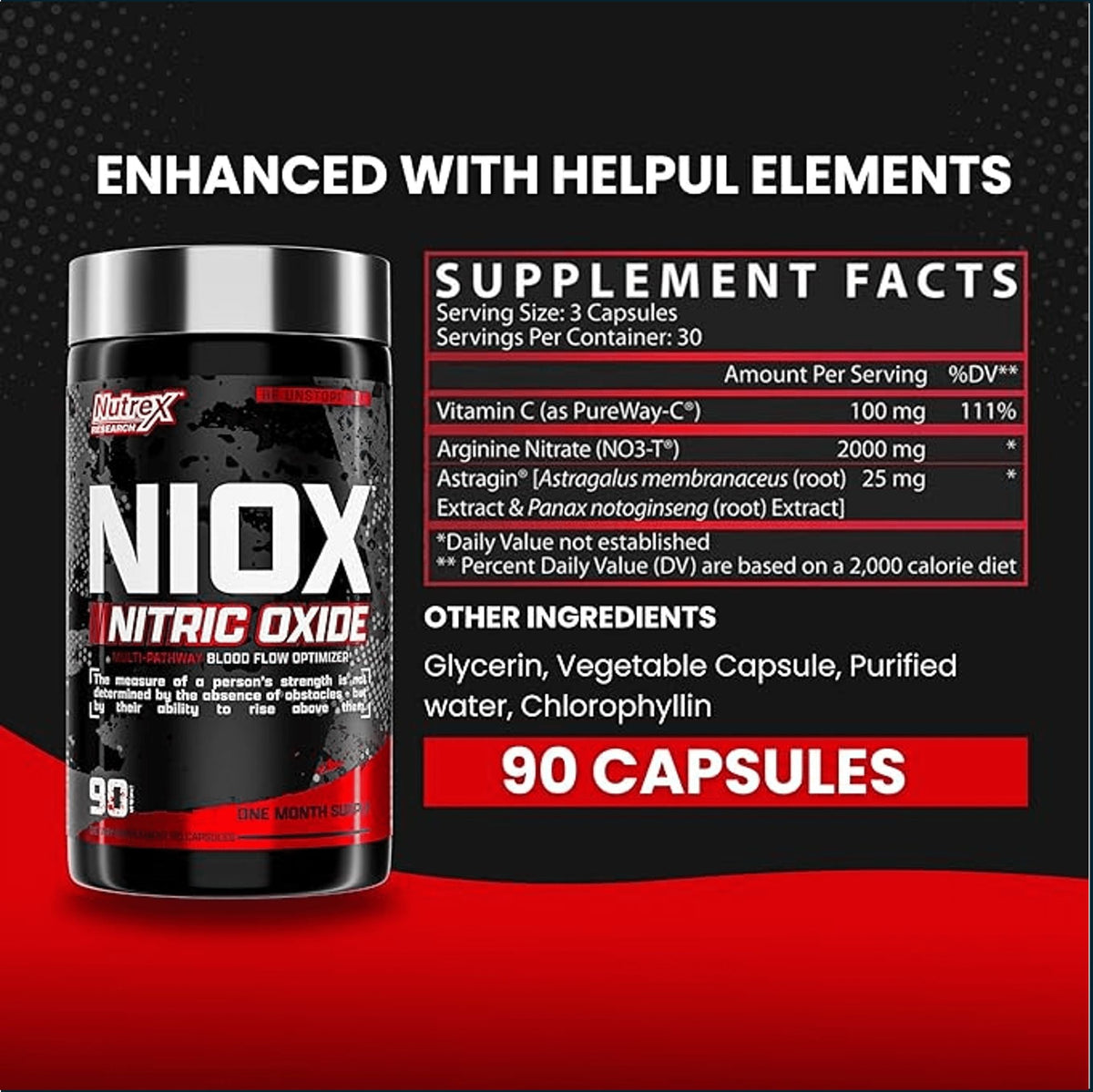 A bottle of Nutrex Niox Nitric Oxide dietary supplement shown on a black and red promotional graphic with supplement facts text and '90 CAPSULES' highlighted.