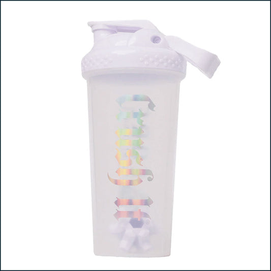 A translucent white plastic shaker bottle with a white lid and carrying loop, featuring a vertical holographic foil design on the front.