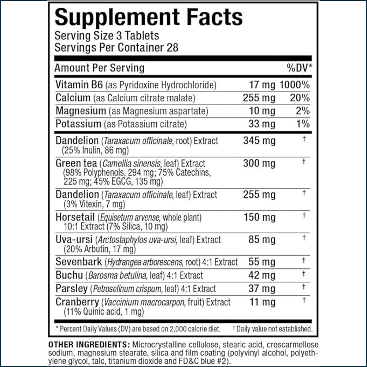 A black-and-white supplement facts label showing a Supplement Facts panel with serving size 3 tablets, servings per container 28, and a list of ingredients including Vitamin B6, Calcium, Magnesium, Potassium, Dandelion, Green Tea, Horsetail, Uva-ursi, Sevenbark, Buchu, Parsley, and Cranberry. The bottom includes other ingredients and a note about microcrystalline cellulose, stearic acid, and FD&C blue #2.
