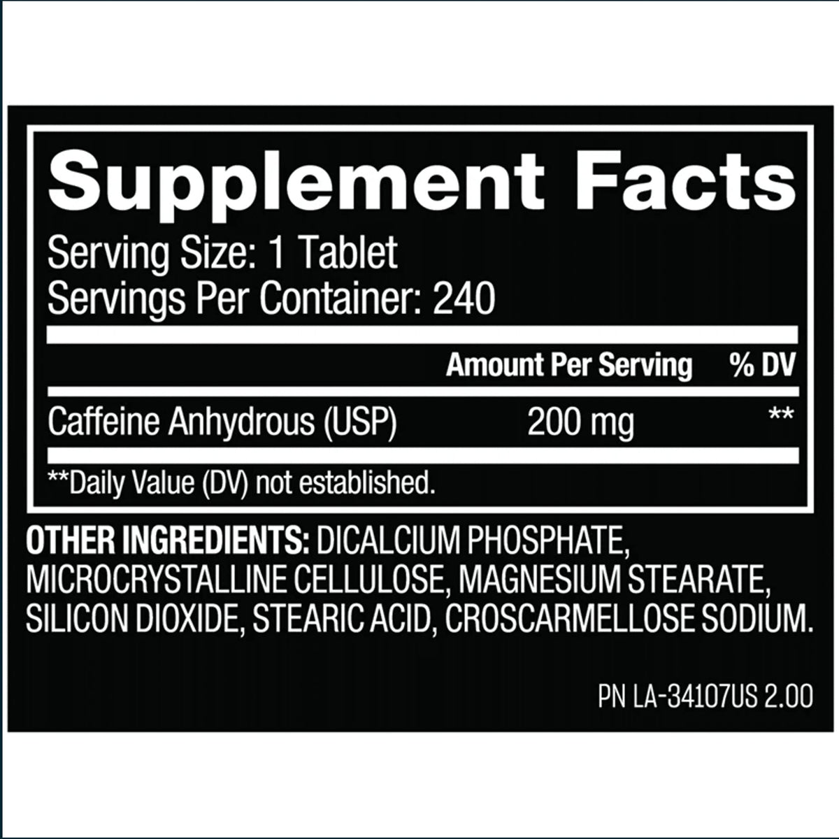 Supplement facts label with caffeine content on a white background