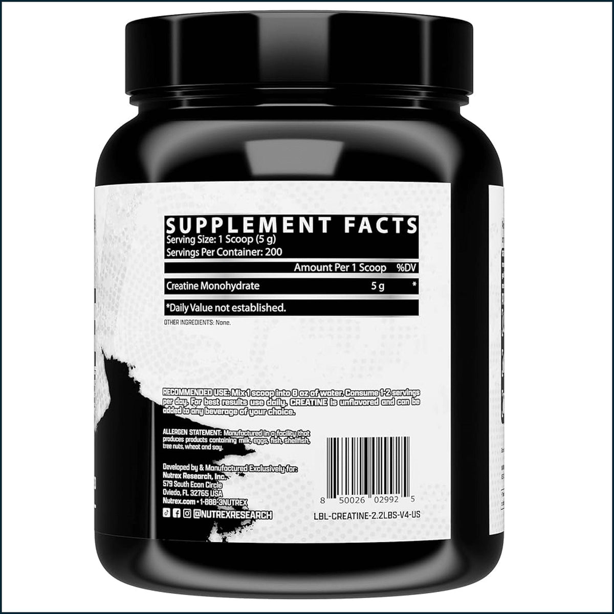 A black plastic tub of creatine monohydrate supplement with a black lid and a white label showing Supplement Facts, photographed on a white background.