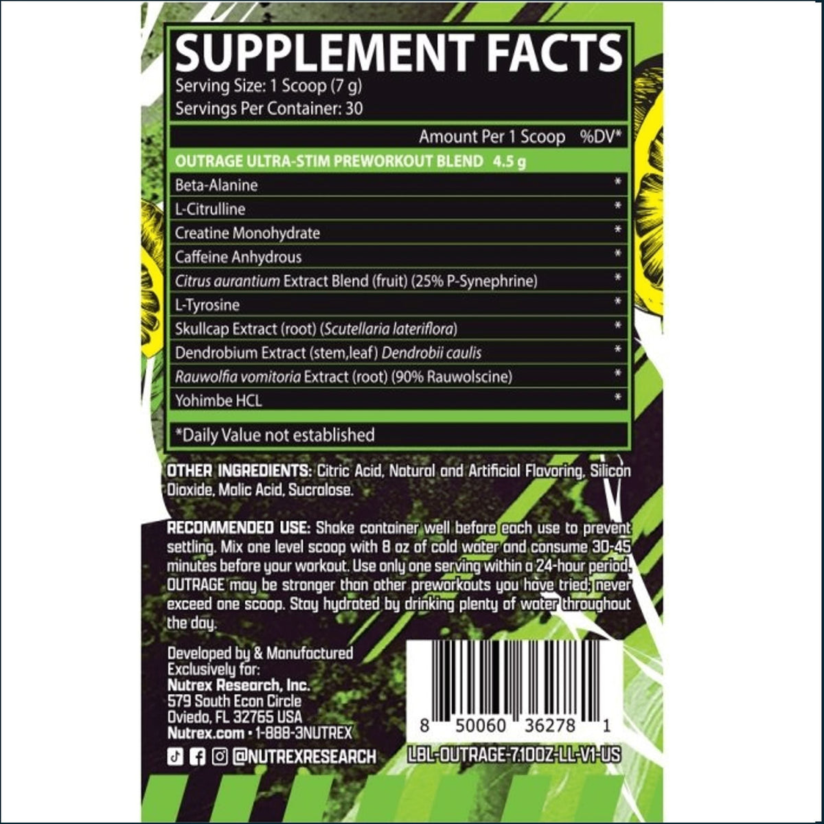 The back of a supplement facts label for OUTRAGE Ultra-Stim Preworkout Blend, showing ingredients, serving size, recommended use, and a barcode on a black background with green and yellow graphics.