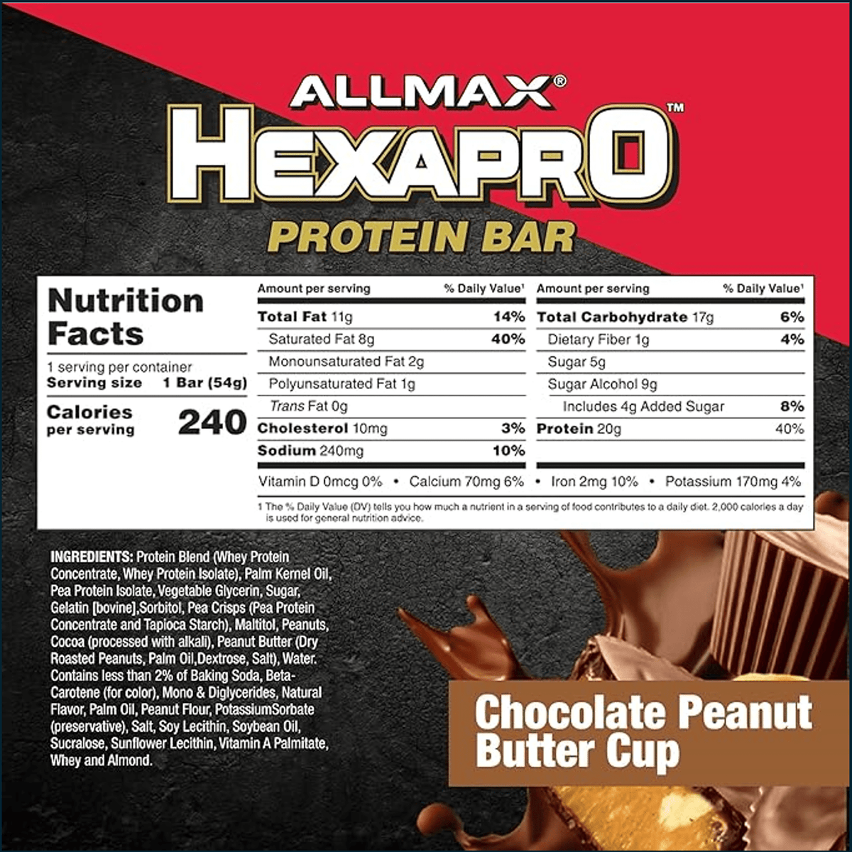 Front-facing package panel for Allmax Hexapro Protein Powder in Chocolate Peanut Butter Cup flavor, showing the nutrition facts panel, ingredients list, and a chocolate swirl graphic on a black background.