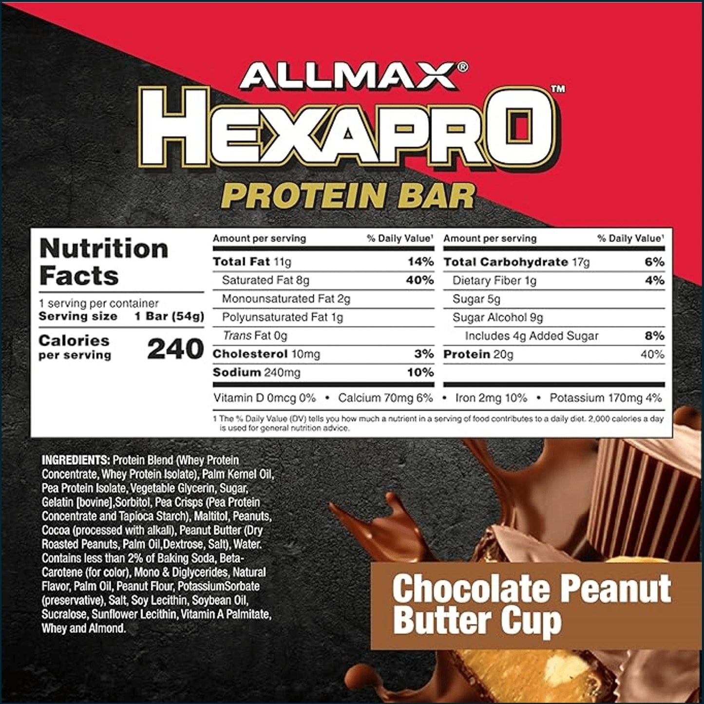 Front-facing package panel for Allmax Hexapro Protein Powder in Chocolate Peanut Butter Cup flavor, showing the nutrition facts panel, ingredients list, and a chocolate swirl graphic on a black background.