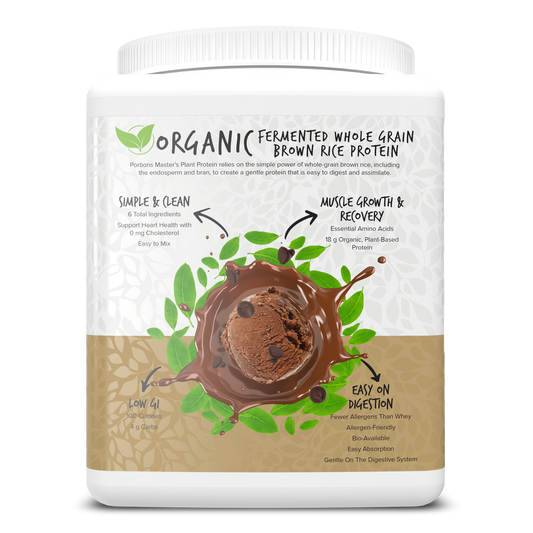 White container of organic fermented whole grain brown rice protein with green and brown design on a white background