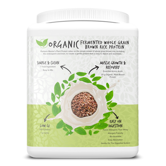 Container of organic fermented whole grain brown rice protein with green and white design.