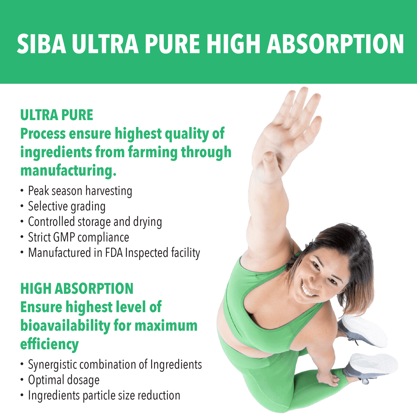 Woman in green outfit with text about SIBA Ultra Pure High Absorption product