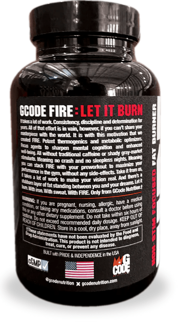 Supplement bottle with black and red label on a white background