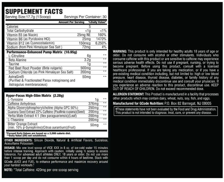 Supplement label with detailed nutritional information and ingredients on a white background