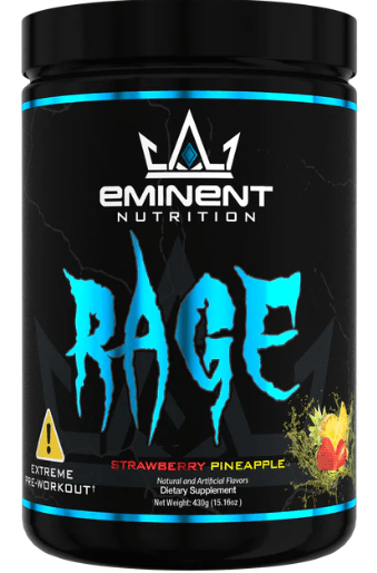 Black container of Eminent Nutrition Rage pre-workout supplement with blue text and strawberry pineapple flavor label.