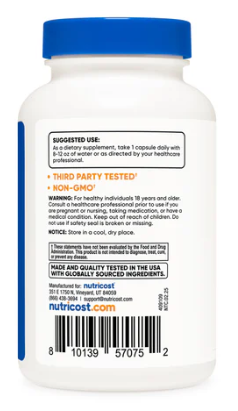 Nutritional supplement bottle with blue cap and label on a white background