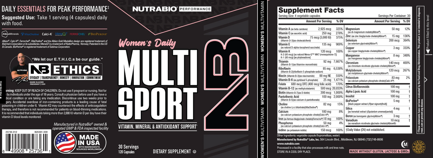 Nutritional supplement label for Women's Daily Multi Sport with NutraBio branding.