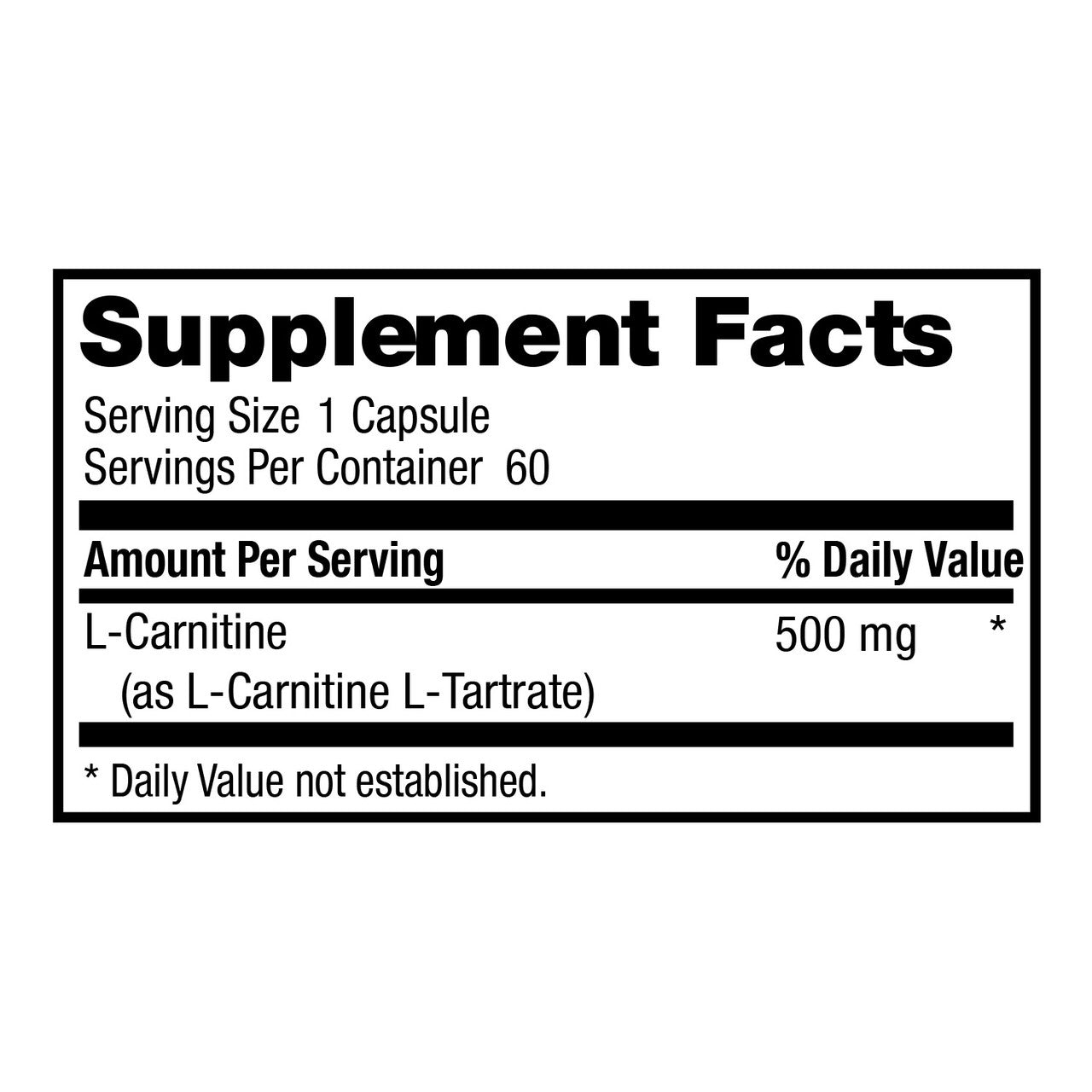 A black and white Supplement Facts label showing L-Carnitine 500 mg, with serving size 1 capsule and 60 servings per container.