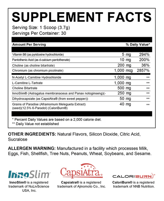 Supplement facts label with various nutrients and branding at the bottom