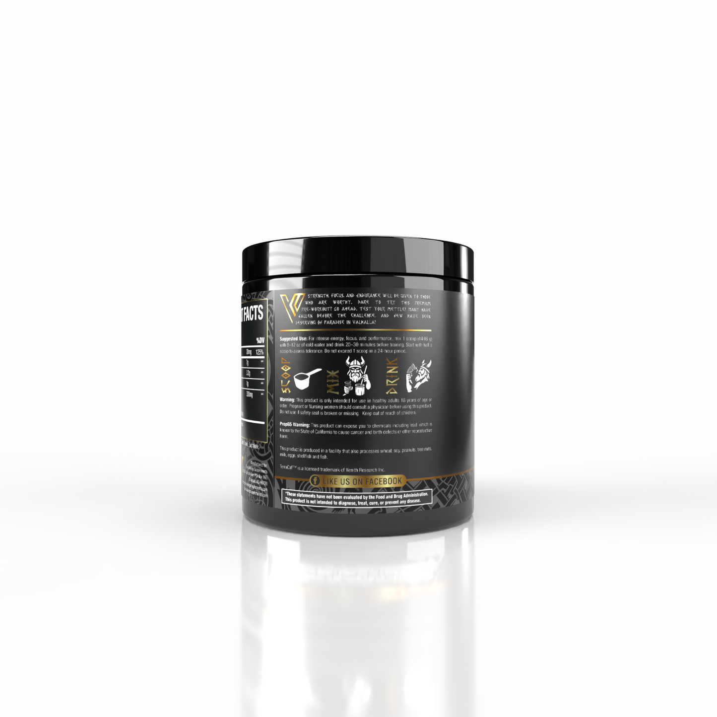 A black supplement tub with a black lid, showing the back label with white text and small gold accents, photographed on a clean white background with a soft reflection below.