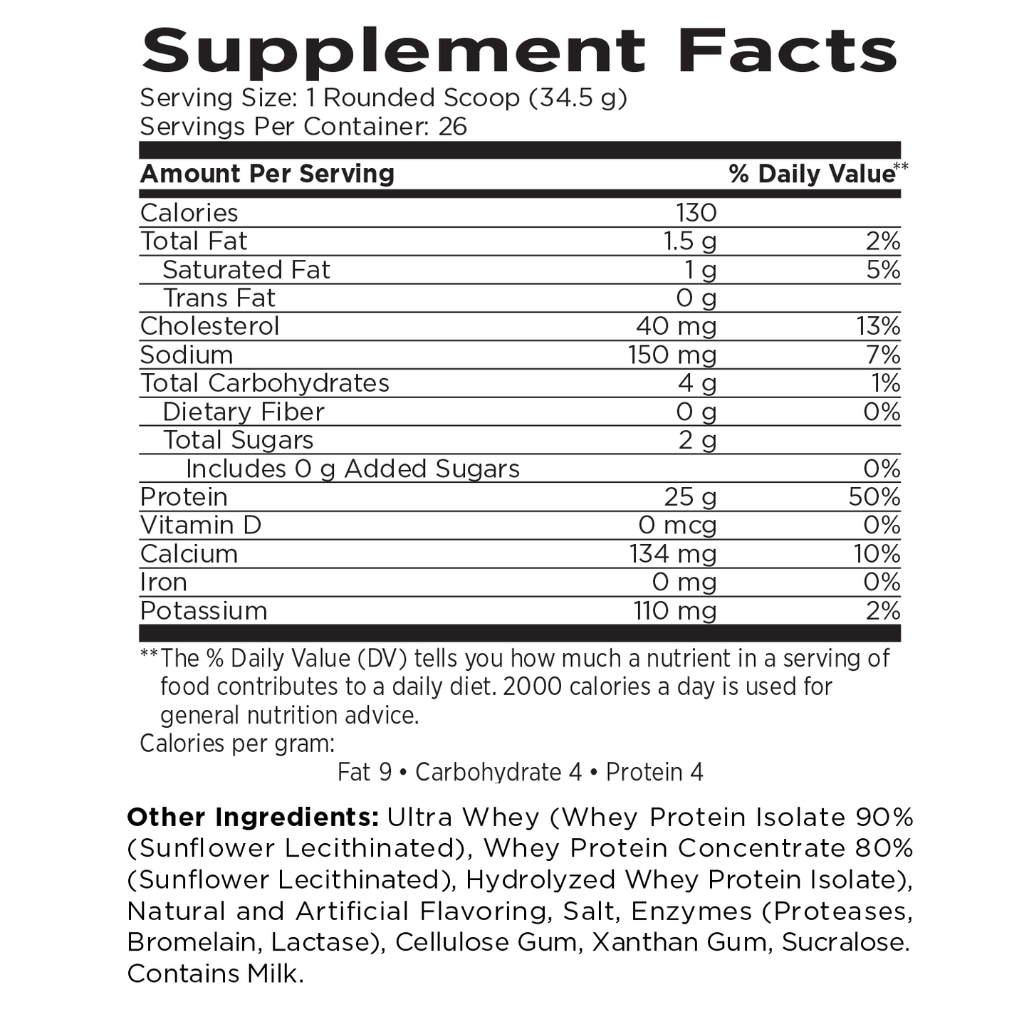 A clean black-and-white Supplement Facts label showing a nutrition table for a protein powder product, with serving size 1 rounded scoop (34.5 g) and other ingredients listed below.