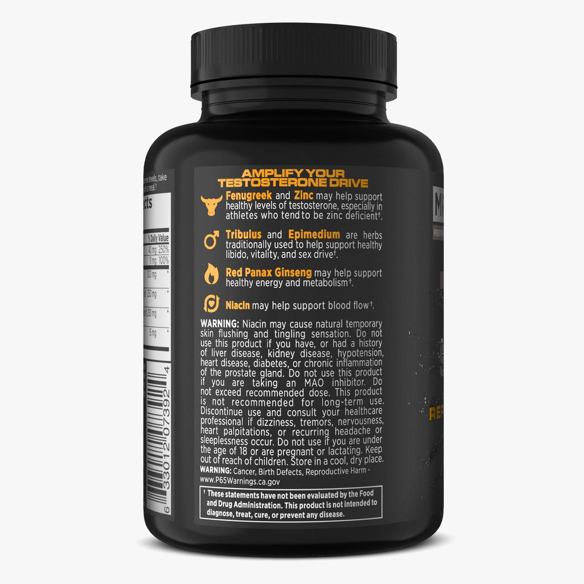 A black bottle of dietary supplements shown from the back, featuring a black label with yellow and white text and a black ribbed cap, on a light gray background.