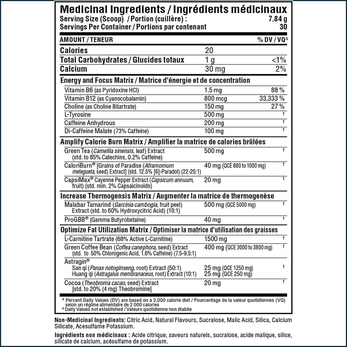 A Nutrition Facts label in English and French showing serving size, calories, carbohydrates, calcium, and a list of ingredients including green tea, coffee bean extract, broccoli, and cocoa.