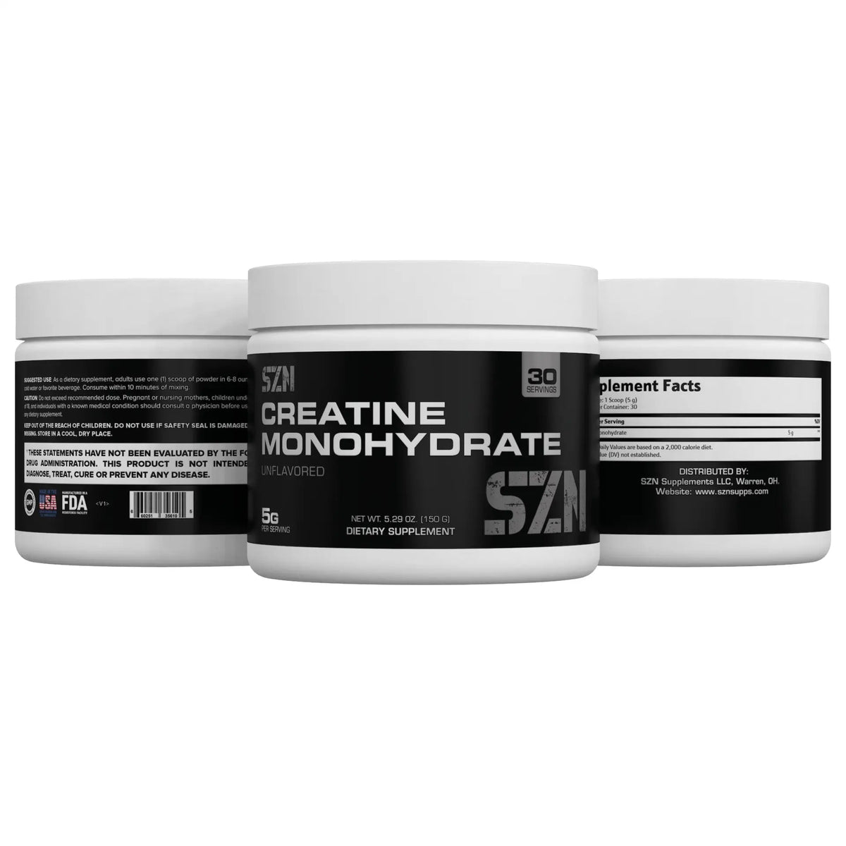 Three containers of SZN Creatine Monohydrate on a white background