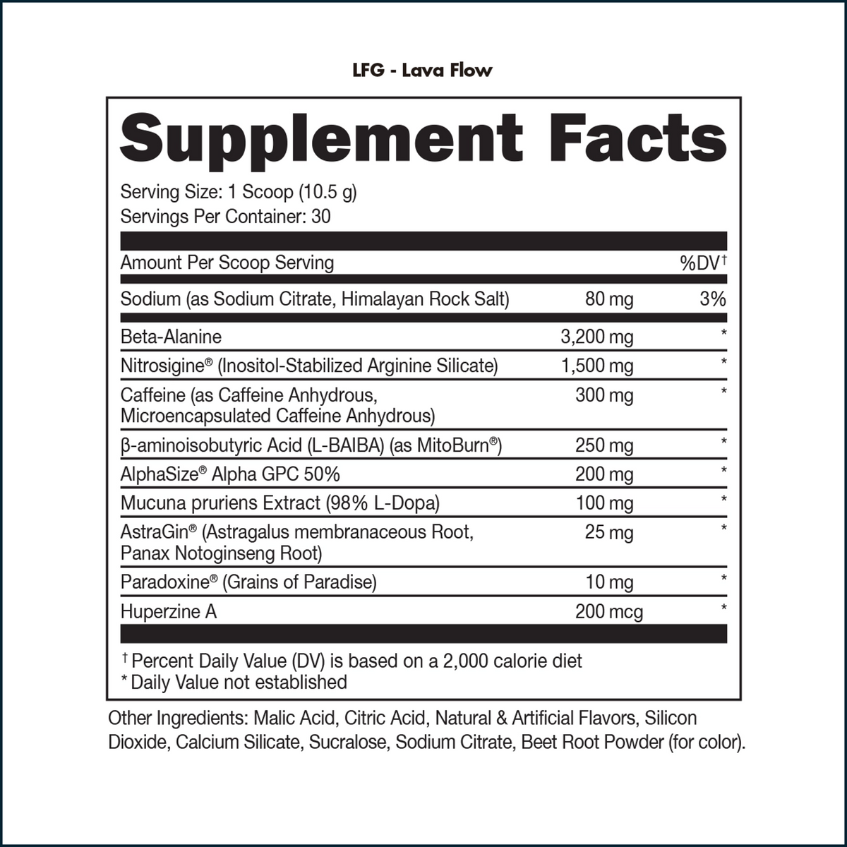Supplement facts label for LFG Lava Flow product on a white background