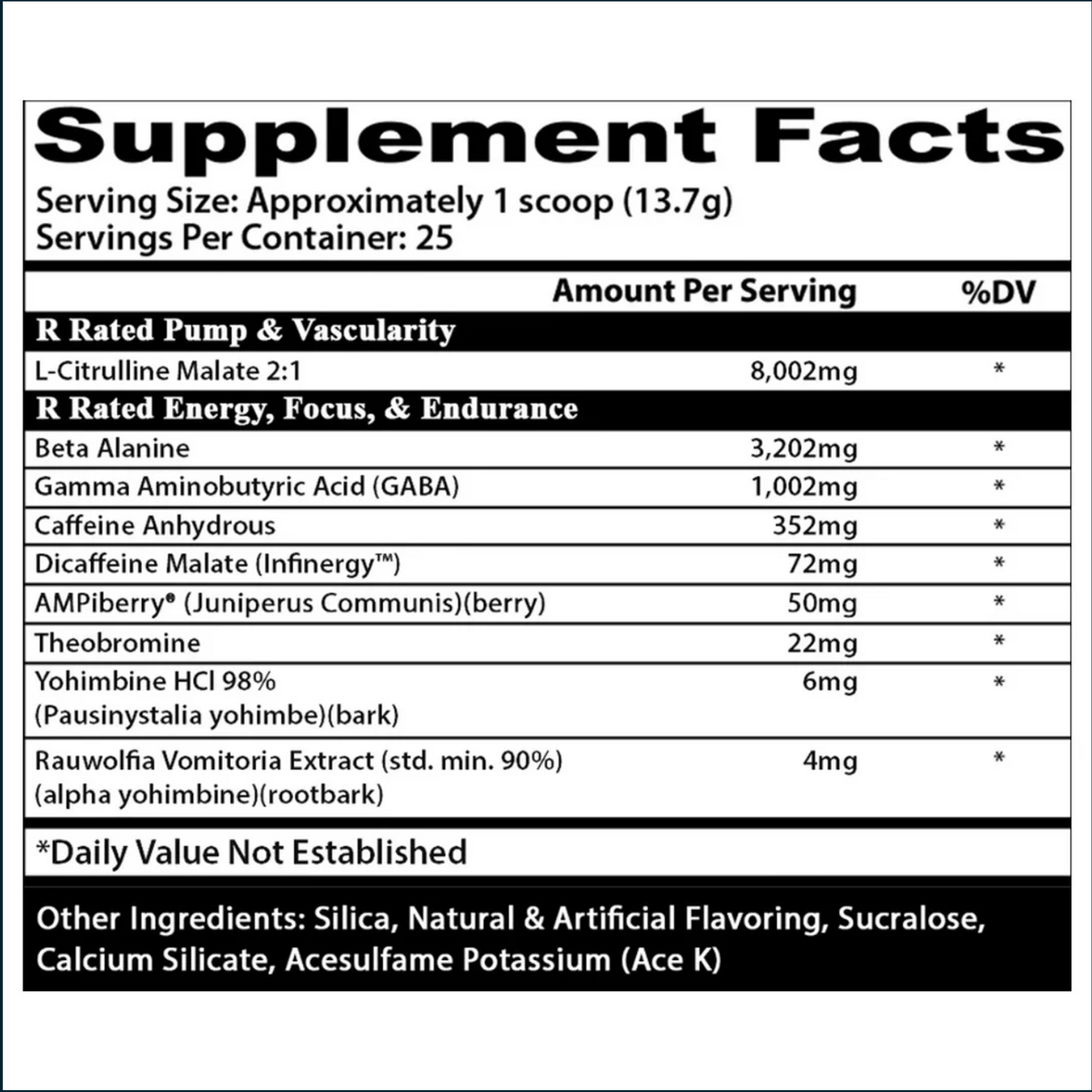 Supplement facts label with various ingredients and their amounts per serving.