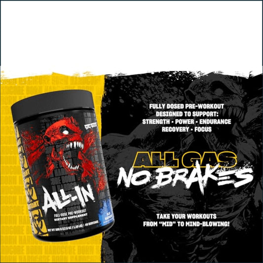 A tub of All-In pre-workout supplement shown next to a black promotional graphic with the text 'ALL GAS NO BRAKES' and white marketing copy on a yellow and black background.