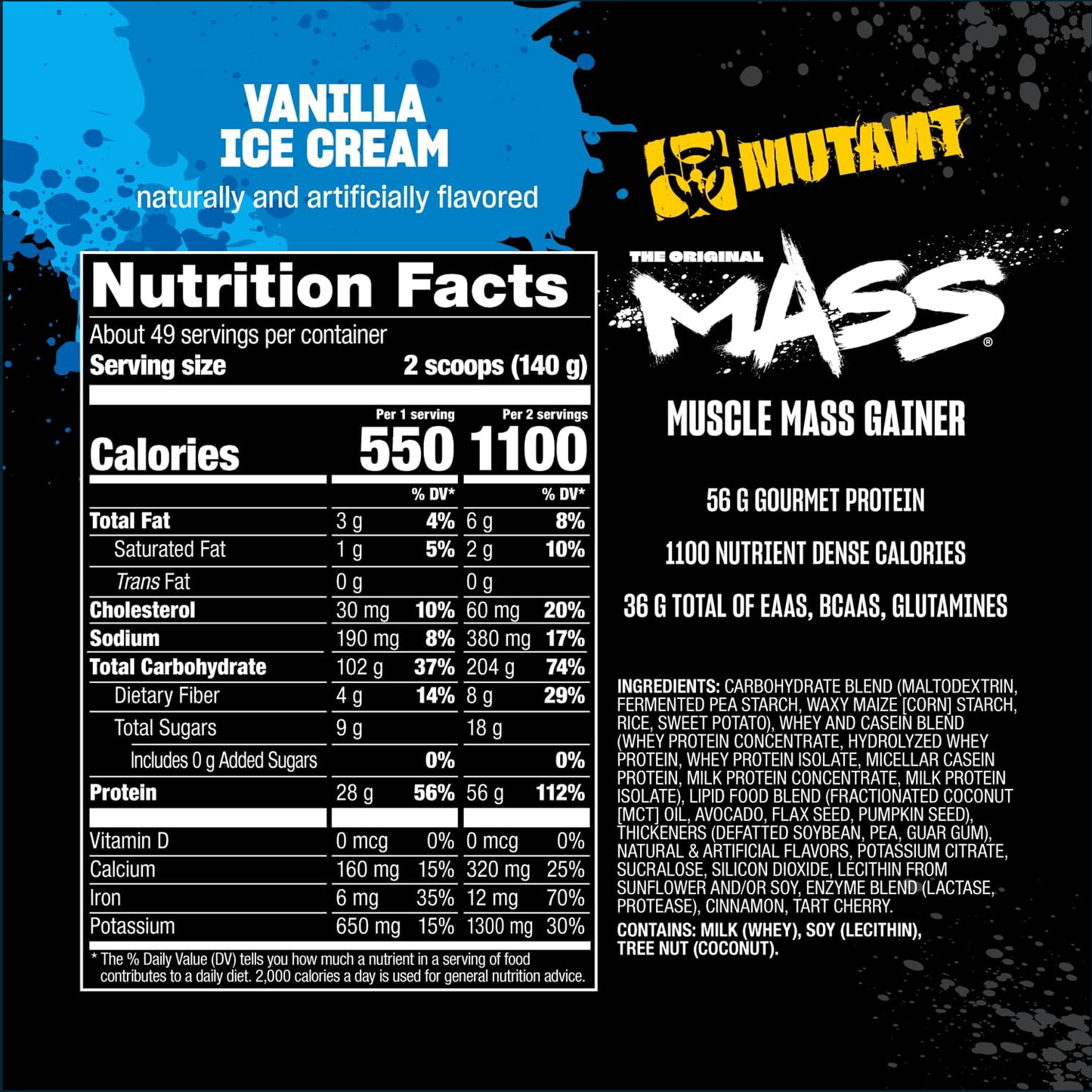 Nutrition label for Mutant Mass Muscle Mass Gainer in vanilla ice cream flavor on a black background.