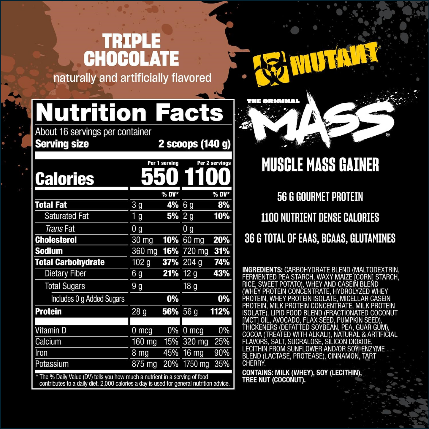 Nutrition facts label for Mutant Mass Muscle Mass Gainer on a dark background