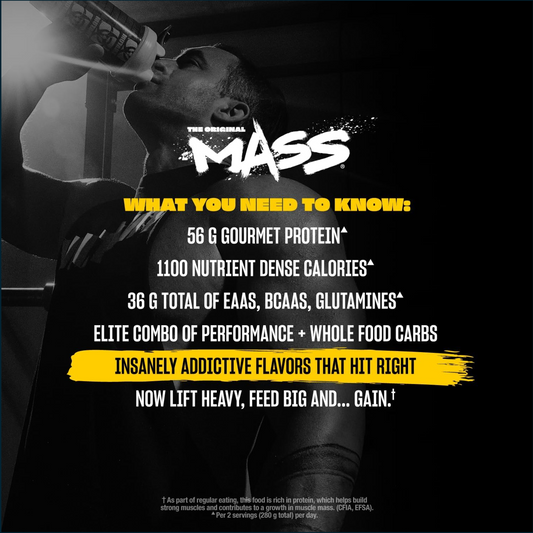 Advertisement for 'The Original Mass' protein supplement with a person lifting weights in the background.