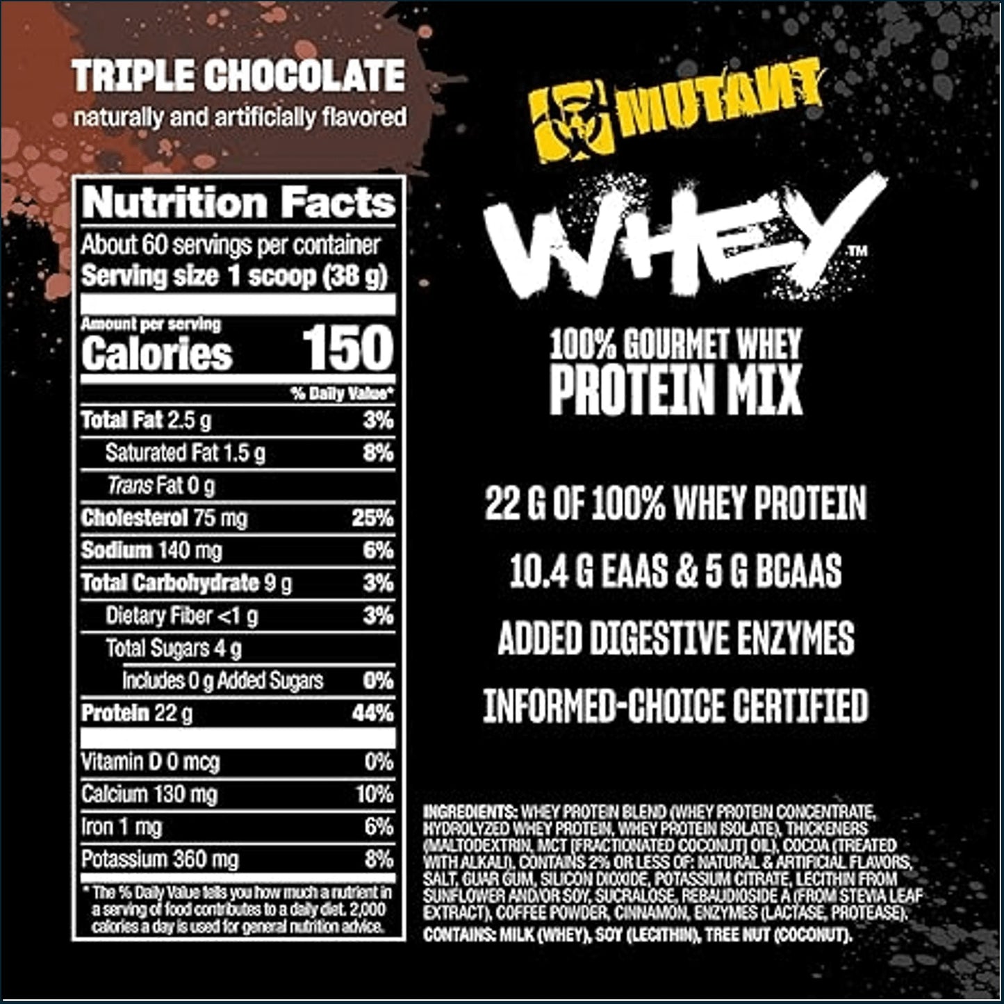 Front nutrition facts and branding panel for Mutant Whey Triple Chocolate flavored 100% gourmet whey protein mix on a black background.