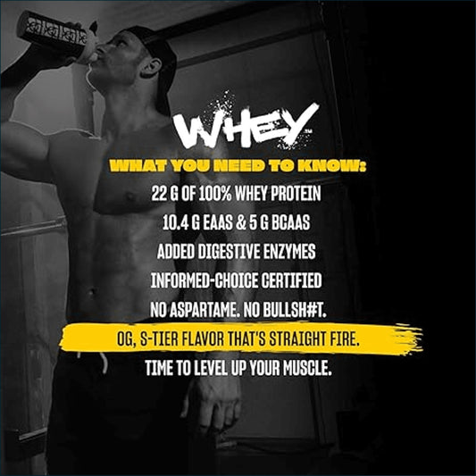 Promotional graphic for whey protein featuring a black-and-white photo of a muscular man drinking from a bottle, with bold text highlighting product claims such as 22 g of 100% whey protein and OG, S-tier flavor.