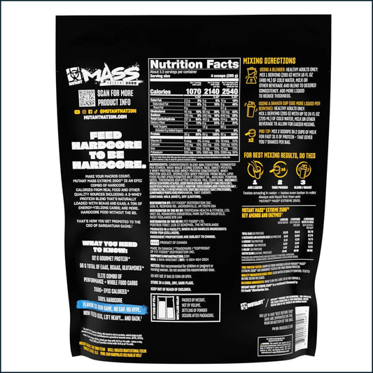 The back of a black bag of INNOVATION Nutrition 'Feed Hardcore' protein powder, featuring white and yellow text, a nutrition facts panel, and mixing instructions.