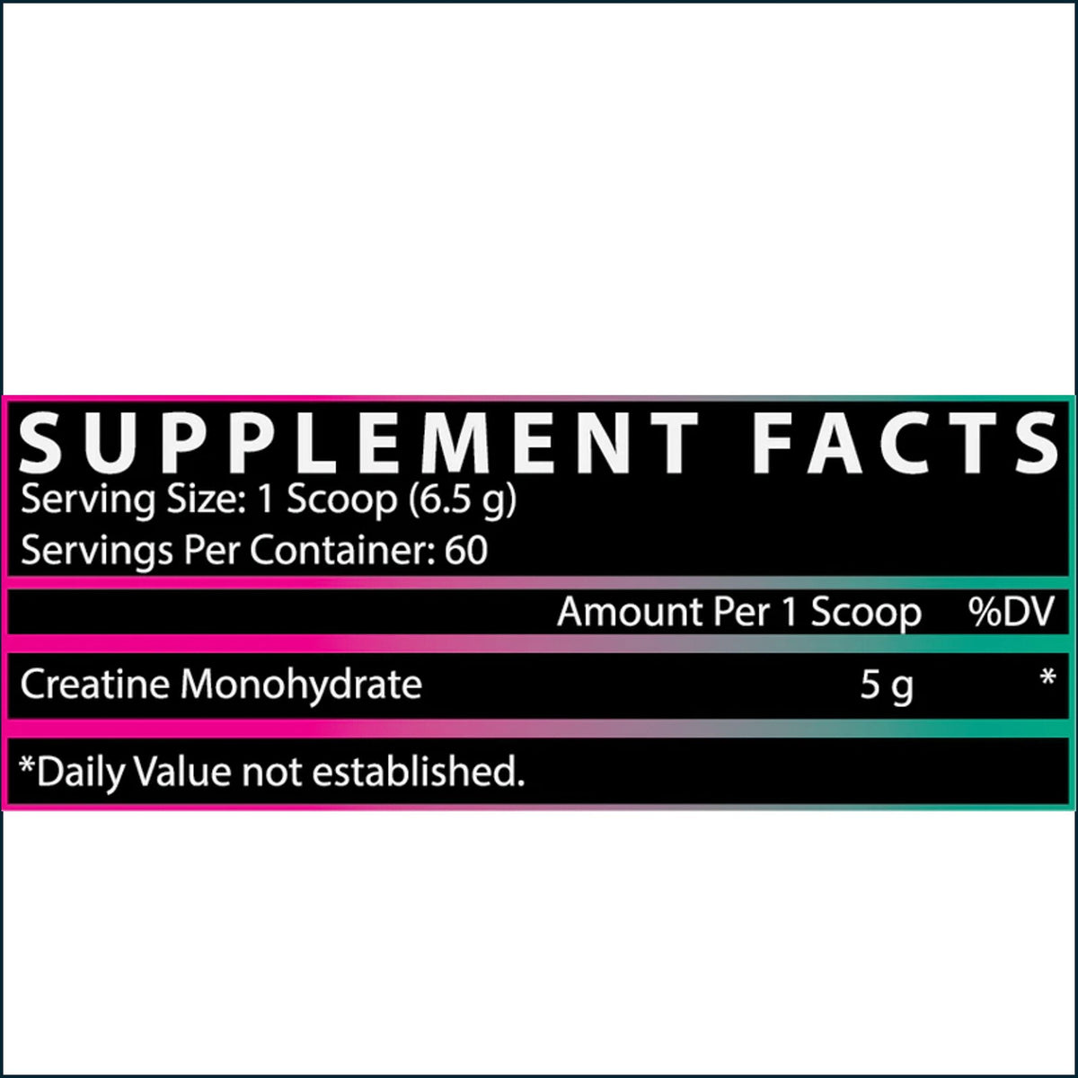 A supplement facts label graphic for creatine monohydrate, showing serving size 1 scoop (6.5 g), 60 servings per container, and 5 g of creatine monohydrate per scoop on a black background with pink, purple, and teal accent lines.