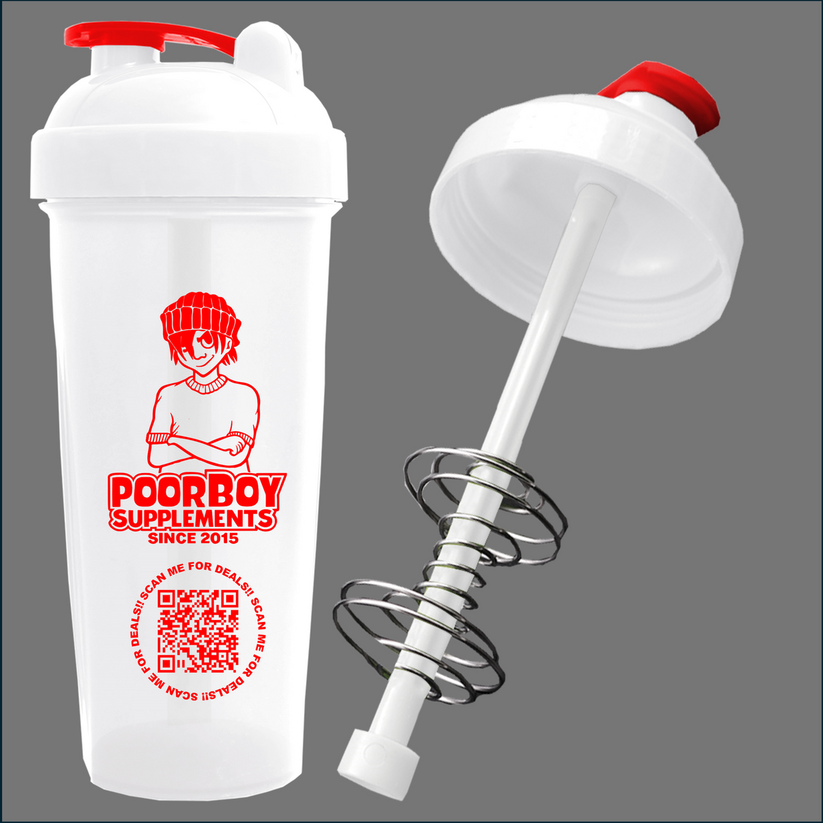 White shaker bottle with red lid and 'Poorboy Supplements' branding on a gray background