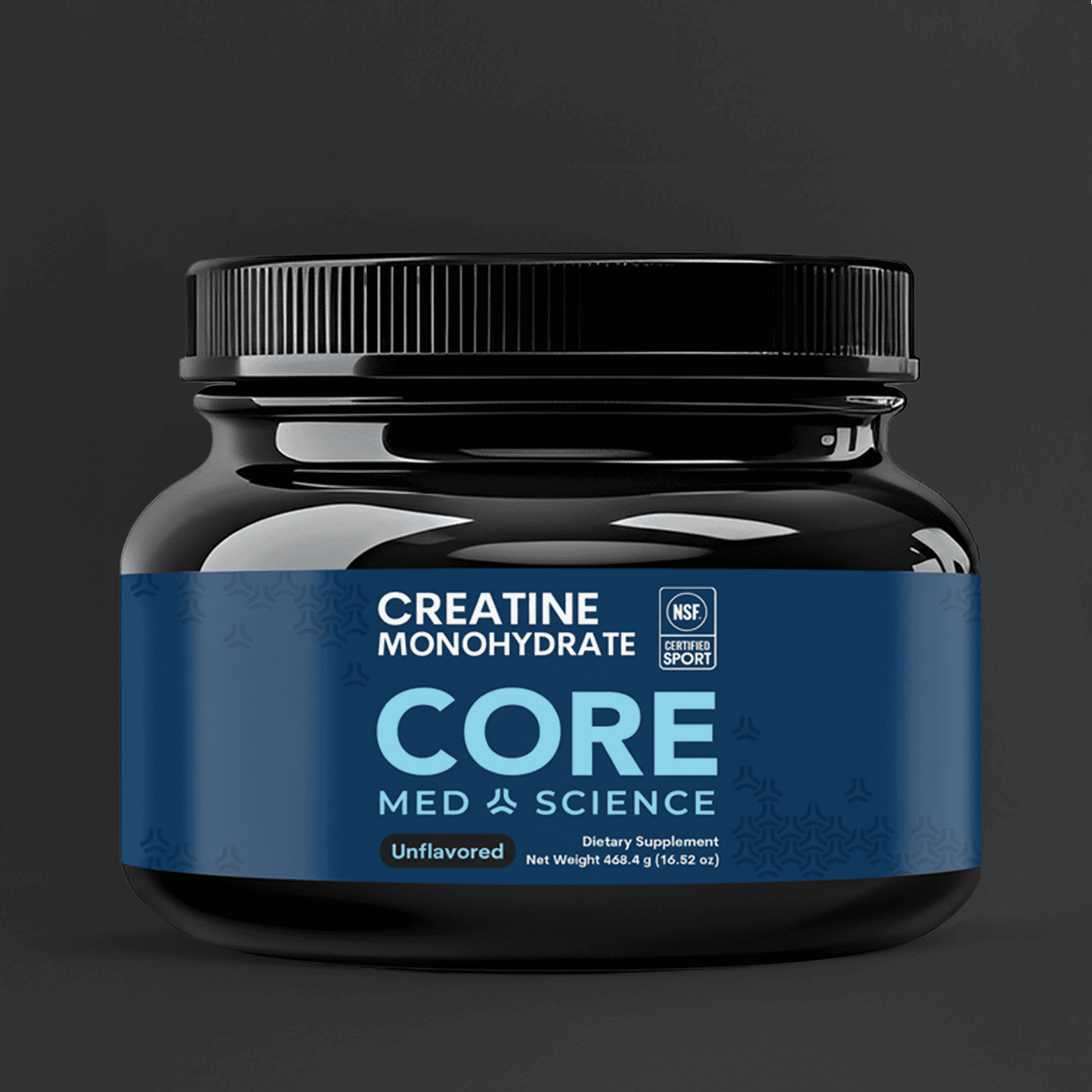 Supplement container labeled 'Core Med Science' on a dark background