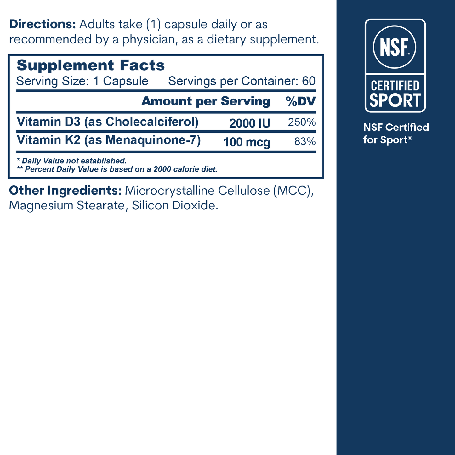 Vitamin D3 2000IU + K2: Bottle (60 Count)