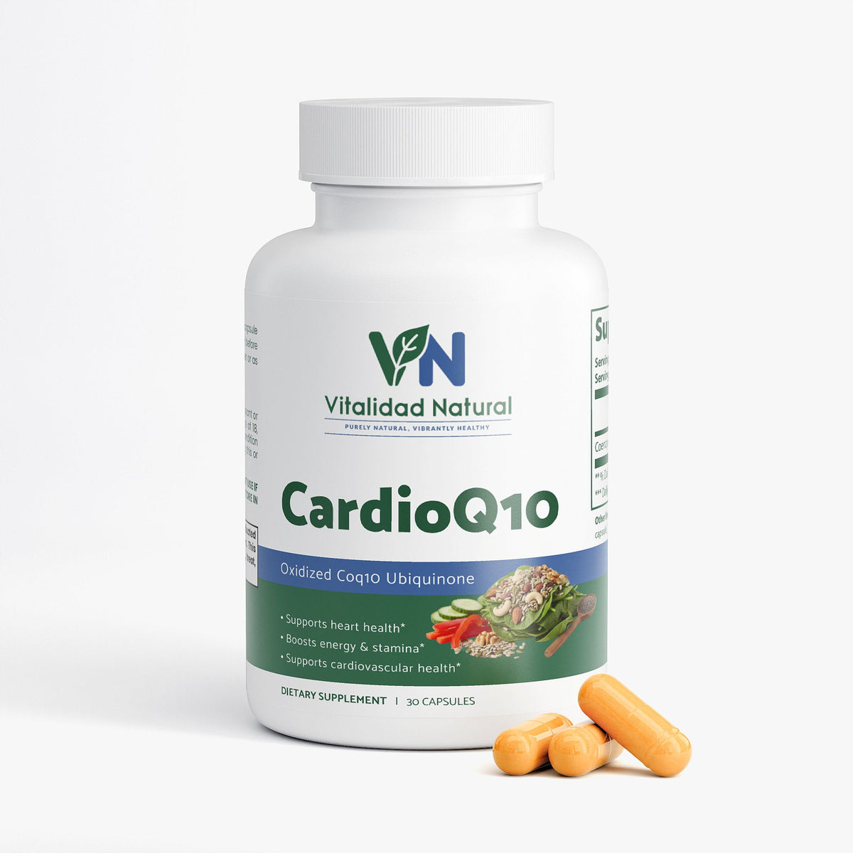 Vitalidad Natural CardioQ10 supplement bottle with capsules on a white background