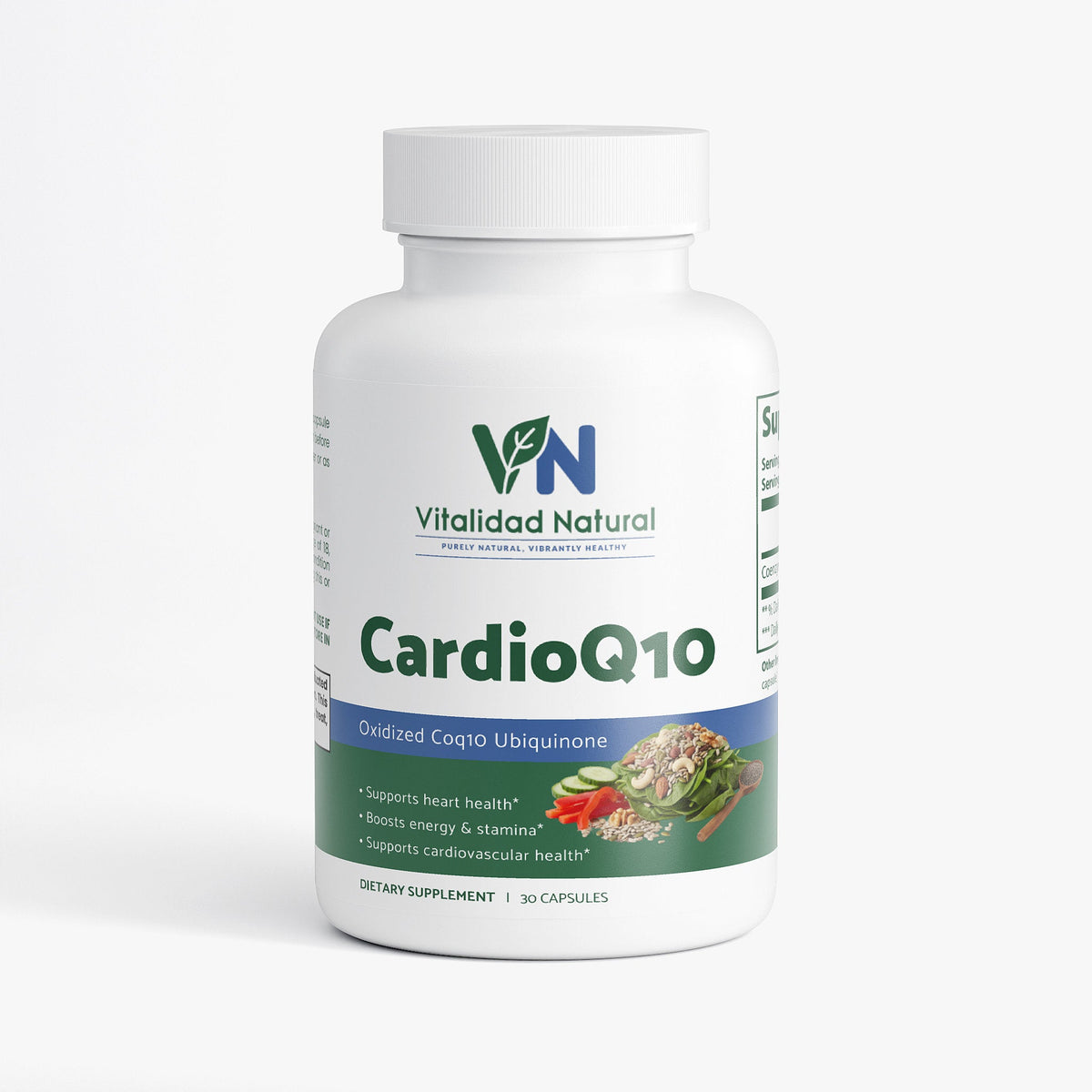 Supplement bottle labeled 'CardioQ10' by Vitalidad Natural on a white background