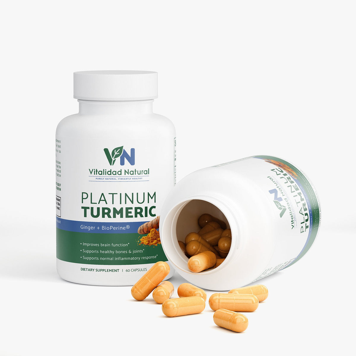 Vitalidad Natural Platinum Turmeric supplement bottle with capsules on a white background